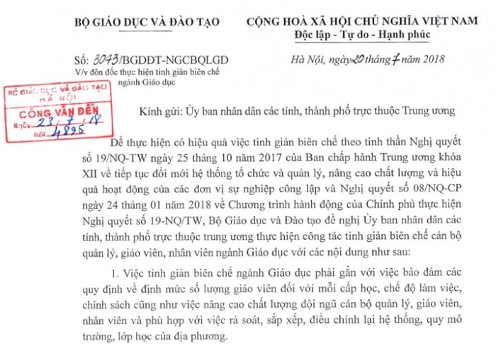 Ngày 20/7, Thứ trưởng Bộ Giáo dục và Đào tạo – Nguyễn Hữu Độ ký văn bản đôn đốc thực hiện tinh giản biên chế ngành giáo dục gửi Uỷ ban nhân dân các tỉnh, thành phố trực thuộc trung ương. (Ảnh chụp màn hình từ website của Sở Giáo dục và Đào tạo Hà Nội)