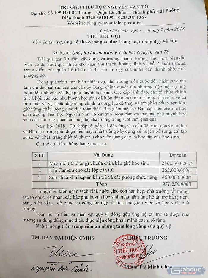 Thư kêu gọi tài trợ của Trường Tiểu học Nguyễn Văn Tố (Hải Phòng) (Ảnh: Lã Tiến)