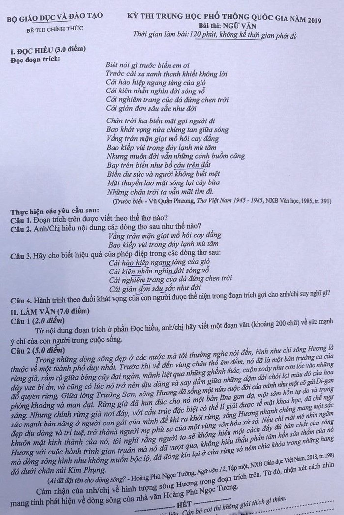 Đề thi môn Ngữ văn trong kỳ thi quốc gia 2019