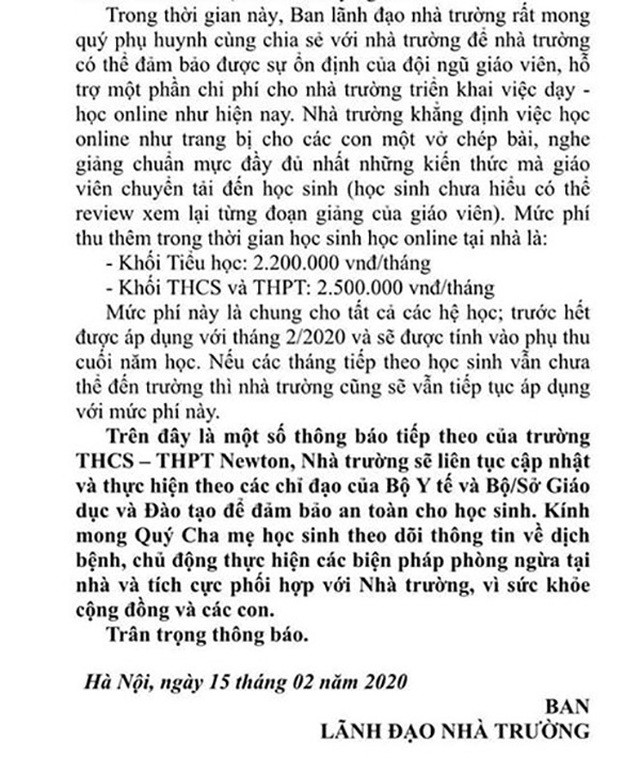 Ngày 17/2 trên nhiều diễn đàn trực tuyến, các cư dân mạng chia sẻ sau văn bản có tên gọi &quot;Thông báo số 15&quot; của trường Newton nhưng lãnh đạo nhà trường khẳng định đây là văn bản chưa chính thức, chưa có hiệu lực