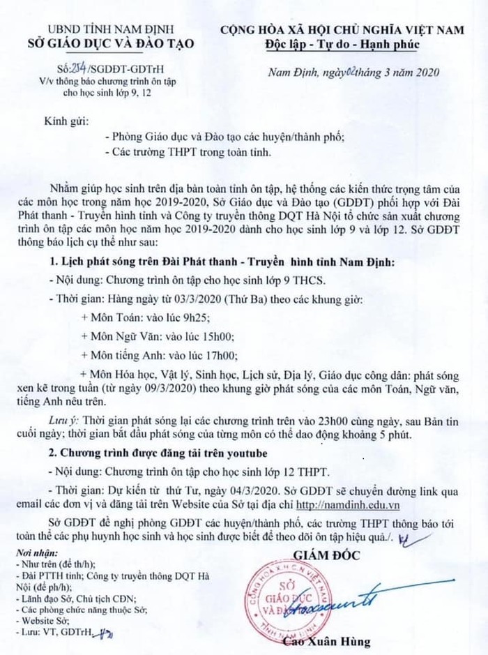 Ngày 2/3, Sở Giáo dục và Đào tạo Nam Định thông báo lịch phát sóng chương trình học tập cho học sinh cuối cấp trên toàn tỉnh