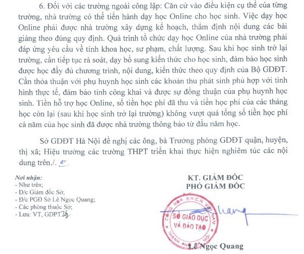 Ngày 17/3, Sở Giáo dục và Đào tạo Hà Nội tiếp tục ban hành văn bản 809/SGDĐT-GDPT trong đó có nêu rõ nội dung đối với trường ngoài công lập (Ảnh chụp màn hình)