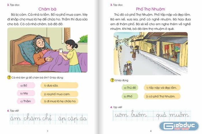 Bài đọc Ve và gà (2) từng gây tranh cãi được nhóm biên soạn giới thiệu bài Chăm bà để giáo viên sử dụng thay thế. Bài &quot;Quạ và chó&quot; được bổ sung thêm bài &quot;Phố Thợ Nhuộm&quot; (ảnh chụp màn hình)