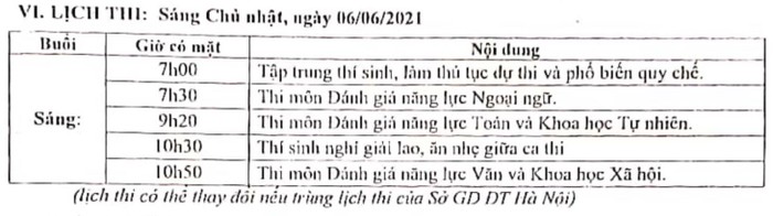 Lịch thi dự kiến