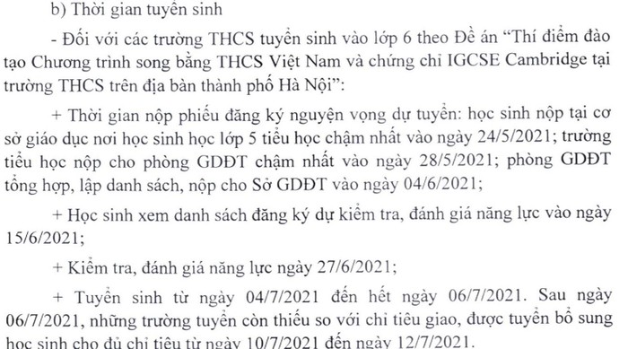 Trong hướng dẫn tuyển sinh mầm non, lớp 1, lớp 6 mà Sở Giáo dục và Đào tạo Hà Nội ban hành ngày 13/4 vẫn có nội dung hướng dẫn tuyển sinh chương trình song bằng