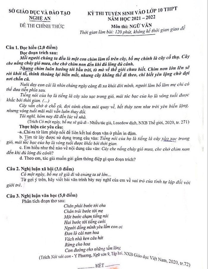 Đề thi môn Ngữ văn trong kỳ thi tuyển sinh vào lớp 10 của Sở giáo dục và Đào tạo Nghệ An