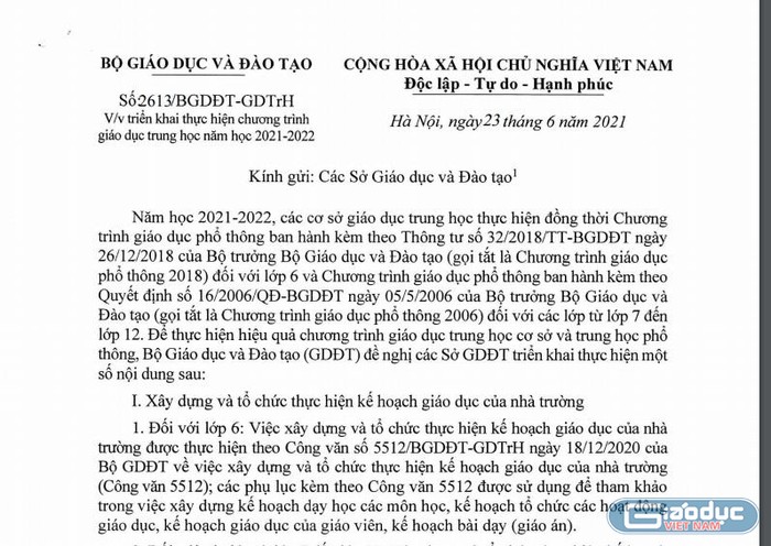 Ngày 23/6, Bộ Giáo dục và Đào tạo ban hành văn bản số 2613/BGDĐT-GDTrH (ảnh chụp tài liệu)