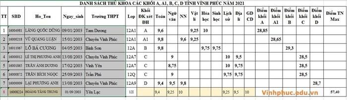 Danh sách thủ khoa theo khối thi sau Kỳ thi tốt nghiệp trung học phổ thông tỉnh Vĩnh Phúc năm 2021 - Ảnh: Quốc Toản