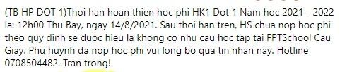 Thông báo việc nộp học phí mà trường FPT Schools Cầu Giấy gửi cho từng phụ huynh qua email (ảnh phụ huynh cung cấp)