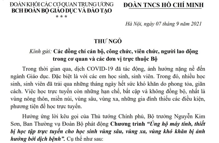 Thư ngỏ của Ban chấp hành Đoàn Bộ Giáo dục và Đào tạo (ảnh: T.L)