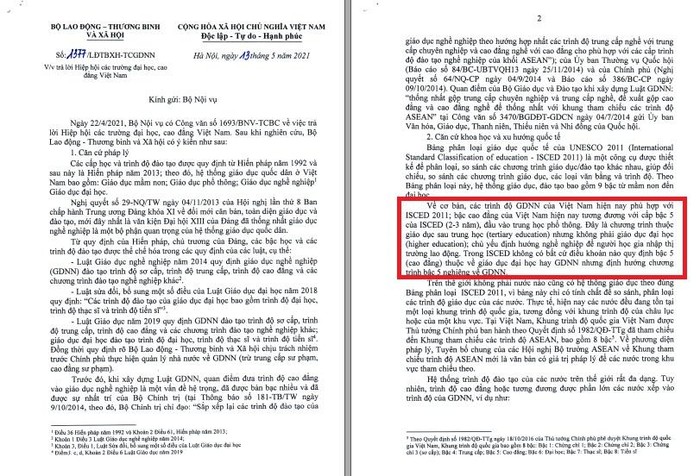 Công văn trả lời của Bộ Lao động, Thương binh và Xã hội gửi Bộ Nội vụ với những lập luận về phân loại giáo dục theo tiêu chuẩn quốc tế UNESCO năm 2011 (ảnh chụp tư liệu)