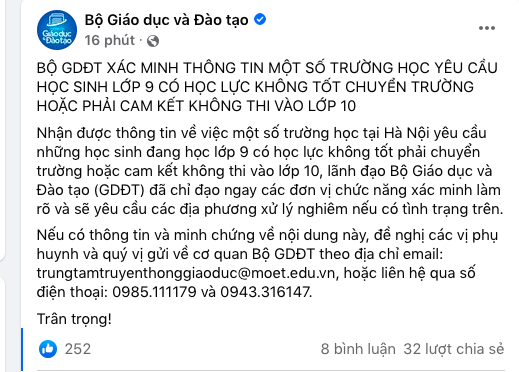 Thông báo của Bộ Giáo dục và Đào tạo