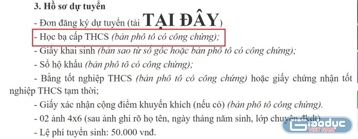 Đây là yêu cầu về hồ sơ tuyển sinh năm học 2021-2022 của một trường trung học phổ thông tỉnh Lai Châu (ảnh chụp màn hình)