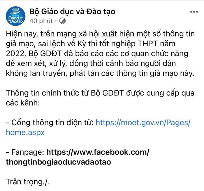 Thông báo của Bộ Giáo dục và Đào tạo