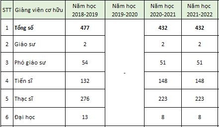 Cơ cấu giảng viên cơ hữu thống kê theo báo cáo 3 công khai trên website.