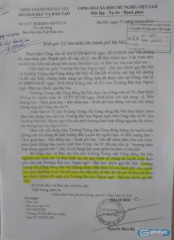 Công văn báo cáo của Sở Giáo dục và Đào tạo gửi UBND TP Hà Nội về việc xử lý thông tin Báo điện tử Giáo dục Việt Nam nêu sai phạm trong công tác tuyển sinh tại Trường Trung cấp Cộng đồng Hà Nội. Ảnh Trần Việt.