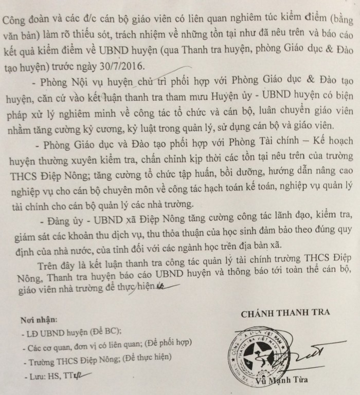 Kết luận thanh tra của Thanh tra huyện Hưng Hà do ông Vũ Mạnh Từa, Chánh Thanh tra ký đã chỉ ra rất rõ sai phạm của bà Nguyễn Thị Chinh.