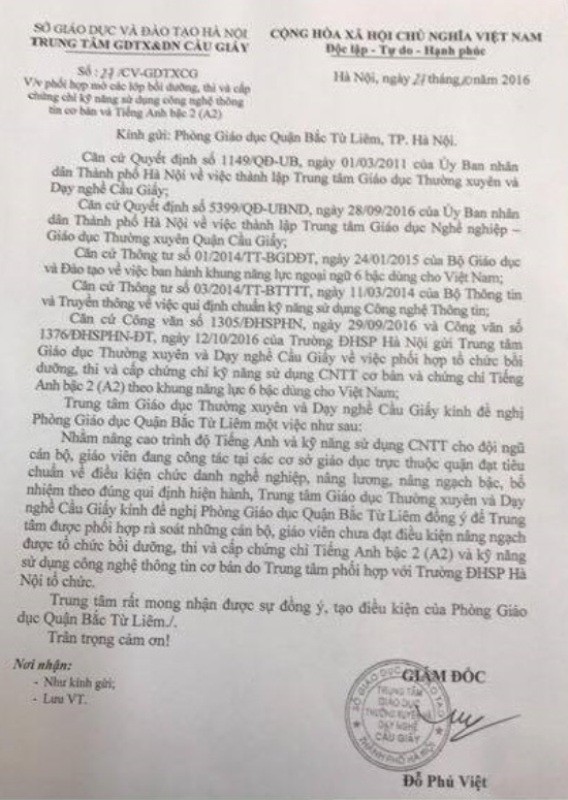 Chỉ là đơn vị sự nghiệp nhưng Trung tâm giáo dục thường xuyên và dạy nghề Cầu Giấy đã ngang nhiên ra văn bản gửi Phòng giáo dục đào tạo quận Bắc Từ Liêm đề nghị phối hợp rà soát những cán bộ, giáo viên chưa đạt điều kiện nâng ngạch. Ảnh (TH).