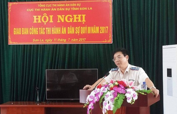 Ông Nguyễn Ngọc Hải, Cục trưởng Cục Thi hành án dân sự tỉnh Sơn La trong Hội nghị giao ban công tác Thi hành án dân sự quý III năm 2017. Ảnh http://thads.moj.gov.vn