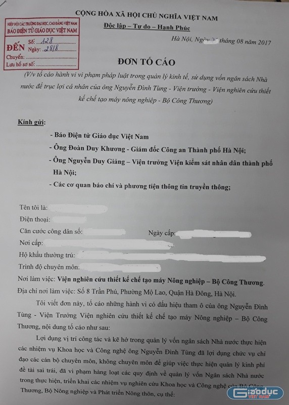 Đơn tố cáo ông Nguyễn Đình Tùng vi phạm pháp luật trong quản lý kinh tế, sử dụng vốn ngân sách Nhà nước để trục lợi cá nhân. Ảnh Trần Việt.