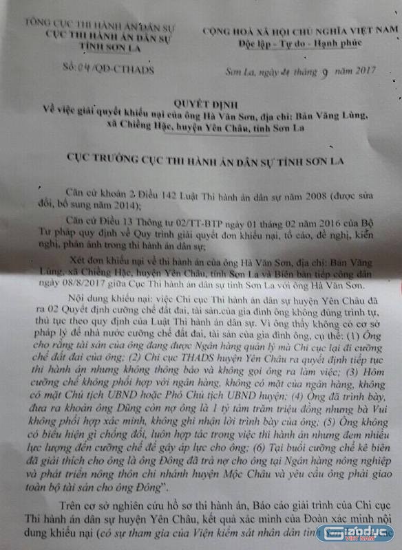 Quyết định số 04//QĐ - CTHA ngày 21/09/2017 của Cục trưởng Cục Thi hành án dân sự tỉnh Sơn La về việc giải quyết khiếu nại của ông Hà Văn Sơn. Ảnh Trần Việt.