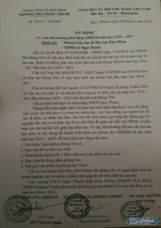 Tờ trình xin chủ trương phát động xã hội hóa giáo dục xã hội năm học 2016 - 2017 của Trường trung học cơ sở Ngọc Thanh. Ảnh Trần Việt.