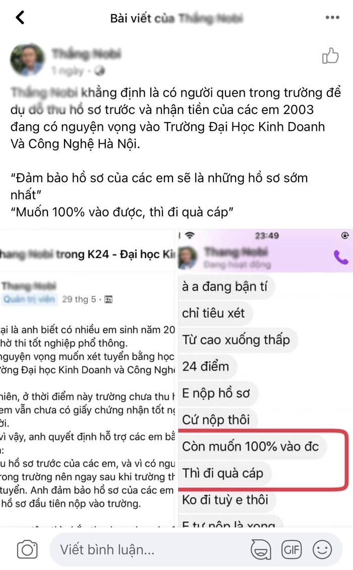 Bài viết và ảnh chụp đoạn tin nhắn trao đổi về việc muốn ưu tiên hồ sơ xét tuyển bằng học bạ được đăng tải trên Facebook cá nhân được chia sẻ rầm rộ. Ảnh: Chụp màn hình