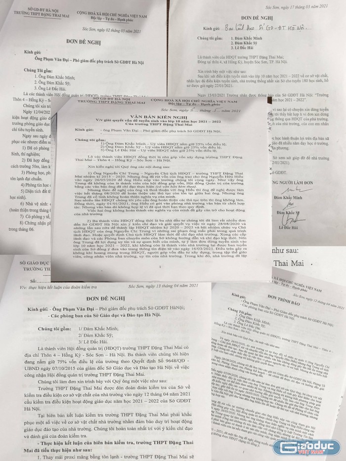 Vì không đồng tình với kết luận trong công văn, các cổ đông góp vốn của Trường Đặng Thai Mai đã gửi rất nhiều đơn kiến nghị lên Sở Giáo dục Hà Nội đề nghị xem xét cấp chỉ tiêu tuyển sinh năm học 2021-2022. Ảnh: Trung Dũng