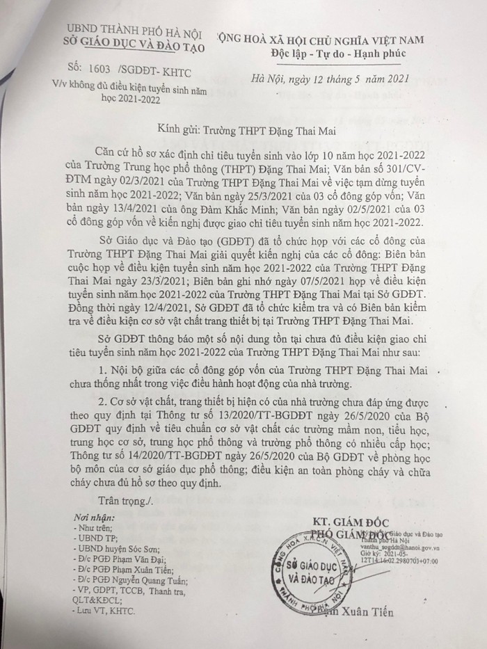 Công văn về việc &quot;không đủ điều kiện tuyển sinh năm 2021-2022&quot; của Sở Giáo dục Hà Nội gửi cho Trường Trung học phổ thông Đặng Thai Mai. Ảnh: Trung Dũng