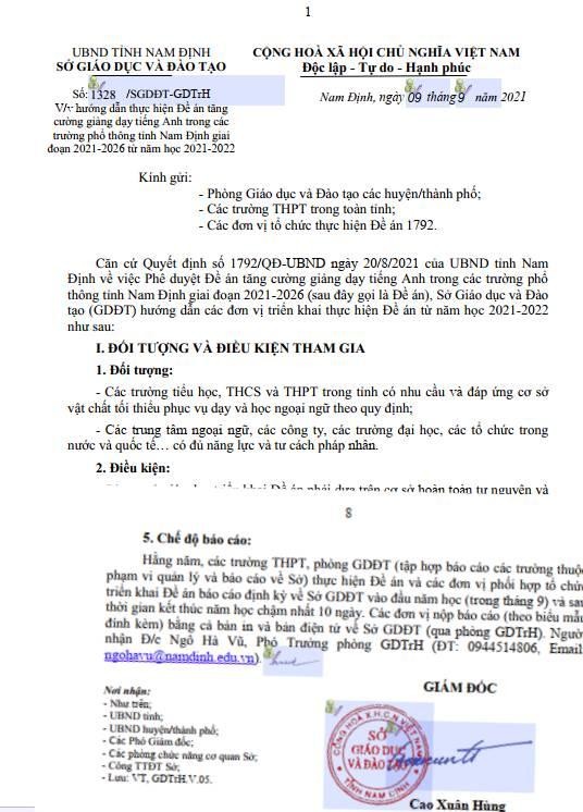 Công văn về hướng dẫn thực hiện Đề án tăng cường giảng dạy tiếng Anh trong các trường phổ thông tỉnh Nam Định giao đoạn 2021 - 2026 từ năm học 2021 - 2022. Ảnh chụp màn hình: Namdinh.edu.vn