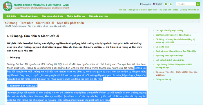 Sứ mạng và tầm nhìn đến năm 2035 được Trường đại học Tài nguyên và Môi trường thể hiện rõ là &quot;đào tạo nguồn nhân lực phục vụ công tác quản lý, thực hiện các nhiệm vụ chuyên môn, nghiên cứu ứng dụng, chuyển giao công nghệ về lĩnh vực tài nguyên và môi trường&quot;. Ảnh chụp màn hình
