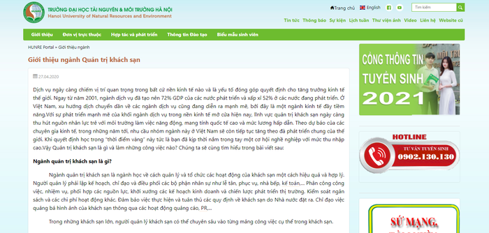 Ngành Quản trị khách sạn được giới thiệu trong số các ngành được đào tạo tại trường đại học có đặt ra mục tiêu đến 2035 là &quot;trung tâm đào tạo nguồn nhân lực chất lượng cao cho ngành tài nguyên - môi trường&quot;. Ảnh chụp màn hình: Hunre.edu.vn