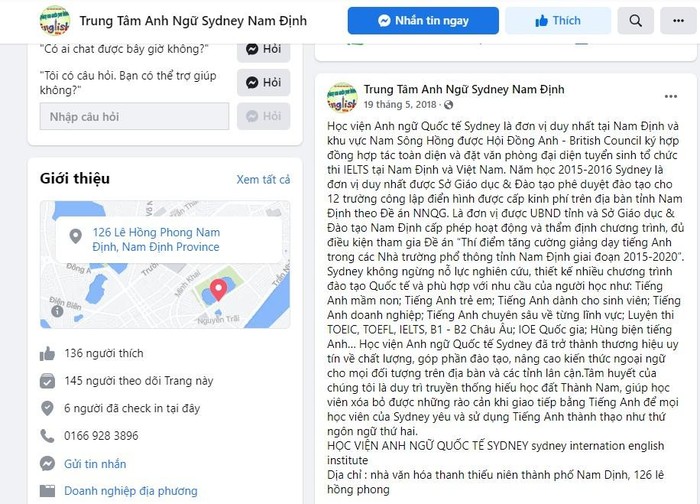 Đoạn giới thiệu trên facebook có tên &quot;trung tâm anh ngữ Sydney Nam Định&quot;. Ảnh: chụp màn hình