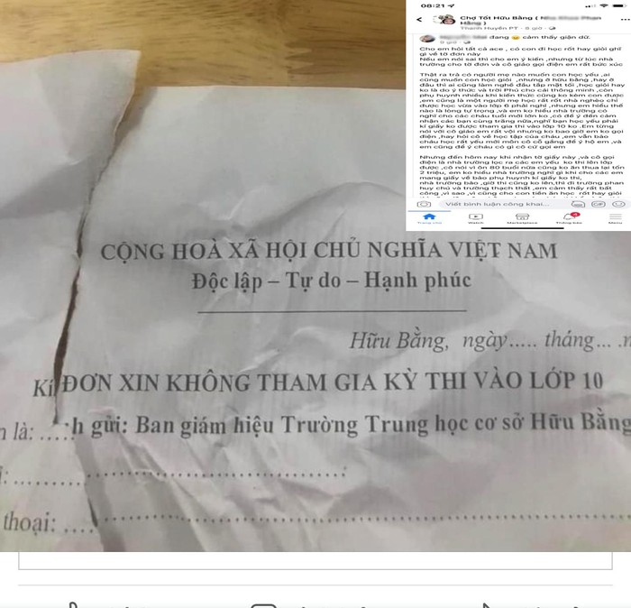 Mẫu đơn được cho là của cô giáo chủ nhiệm gửi đã bị xé sau khi phụ huynh N.N nhận được cùng dòng cảm xúc được chia sẻ trên facebook của phụ huynh này. Ảnh: Chụp màn hình