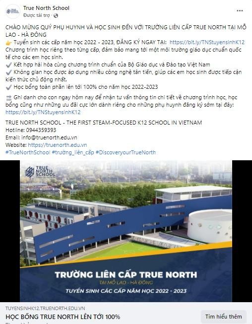 Thông tin quảng cáo tuyển sinh của True North School đăng tải trên mạng xã hội. Ảnh chụp màn hình