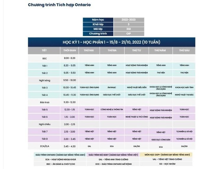 Thời khóa biểu của Chương trình tích hợp Ontario được cơ sở này đăng tải. Ảnh: Chụp màn hình