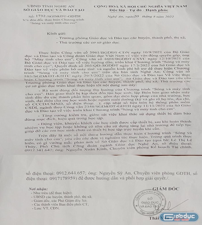 Sau phản ánh của Tạp chí điện tử Giáo dục Việt Nam vào ngày 18/8, đến ngày 20/8 Sở Giáo dục và Đào tạo Nghệ An đã có văn bản để đôn đốc và yêu cầu các địa phương rà soát và báo cáo lại đầy đủ về tình hình. Ảnh: Sở Giáo dục và Đào tạo Nghệ An cung cấp