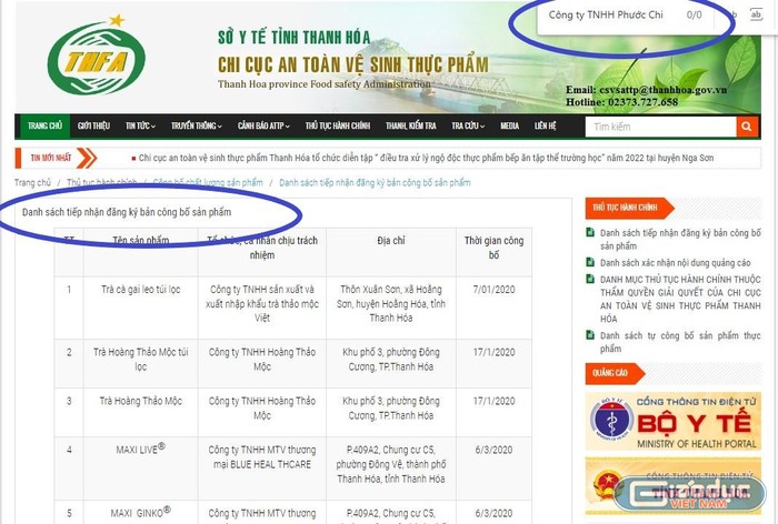 Trong danh sách tiếp nhận đăng ký bản công bố sản phẩm cũng không tìm thấy đơn vị nào có tên là Công ty TNHH Phước Chi. Ảnh: T.D
