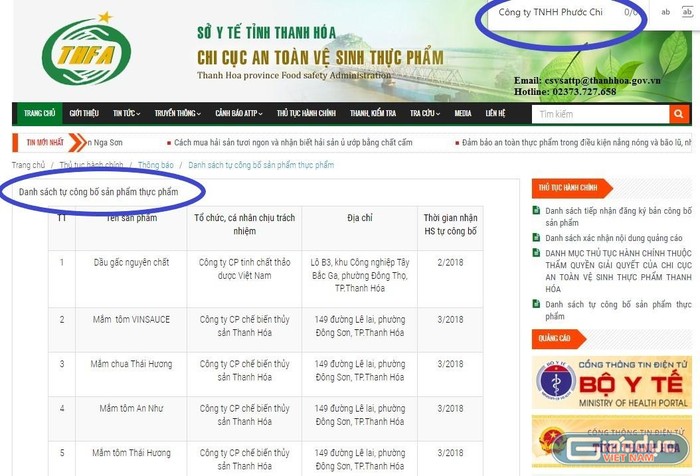 Khi tra cứu trên cổng thông tin của Chi cục An toàn vệ sinh thực phẩm tỉnh Thanh Hóa, không thấy thông tin của Công ty TNHH Phước Chi trong danh sách tự công bố sản phẩm thực phẩm. Ảnh: T.D