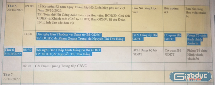 Theo kế hoạch làm việc của các lãnh đạo Học viện Quản lý giáo dục phóng viên có được, trong các ngày 20, 21/10/2022, Bộ Giáo dục và Đào tạo đã có buổi làm việc với Học viện Quản lý giáo dục và các mức kỷ luật này được thông qua vào ngày 24/10. Ảnh: CTV