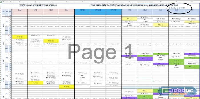 Thời khoá biểu các môn văn hoá học kỳ 1, năm học 2022 - 2023. Mốc thời gian bắt đầu từ ngày 5/9/2022. Ảnh: CTV