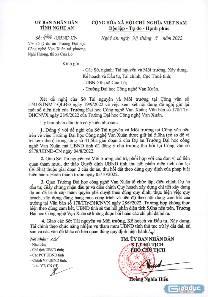 Công văn chỉ đạo về việc thu hồi đất ở Dự án Trường Đại học Công nghệ Vạn Xuân, thị xã Cửa Lò, Nghệ An. Ảnh: UBND thị xã Cửa Lò cung cấp