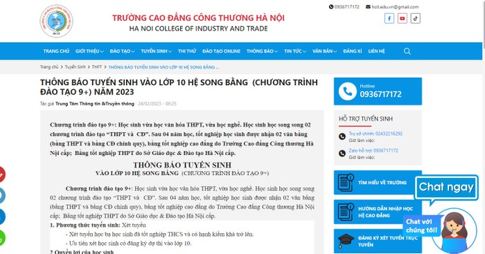 Thông tin tuyển sinh vào lớp 10 của Trường Cao đẳng Công thương Hà Nội đăng tải. Ảnh chụp màn hình ngày 27/4