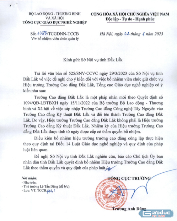 Công văn nêu ý kiến trả lời về bổ nhiệm viên chức quản lý tại Trường Cao đẳng Đắk Lắk của Tổng cục Giáo dục nghề nghiệp. Ảnh: CTV