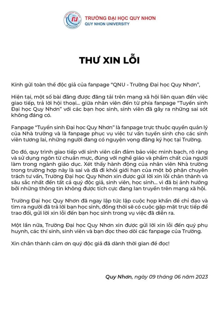 Thư xin lỗi của Trường Đại học Quy Nhơn về &quot;sự cố&quot; tuyển sinh. Ảnh: fanpage &quot;Tuyển sinh Đại học Quy Nhơn&quot;