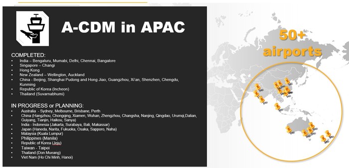 Bản đồ các quốc gia đã và đang triển khai mô hình sân bay A-CDM trong khu vực Châu Á Thái Bình Dương ASEA – PACIFIC. Ảnh: www.vietnamairport.vn