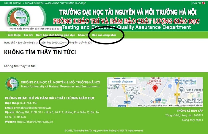 Thông tin ba công khai trong các năm học từ 2019 đến nay của Trường Đại học Tài nguyên và Môi trường Hà Nội sau ngày 15/10 khi truy cập vào thì hệ thống phản hồi thông báo &quot;không tìm thấy tin tức&quot; dù trước đó phóng viên vẫn truy cập để lấy tư liệu bình thường. Ảnh chụp màn hình