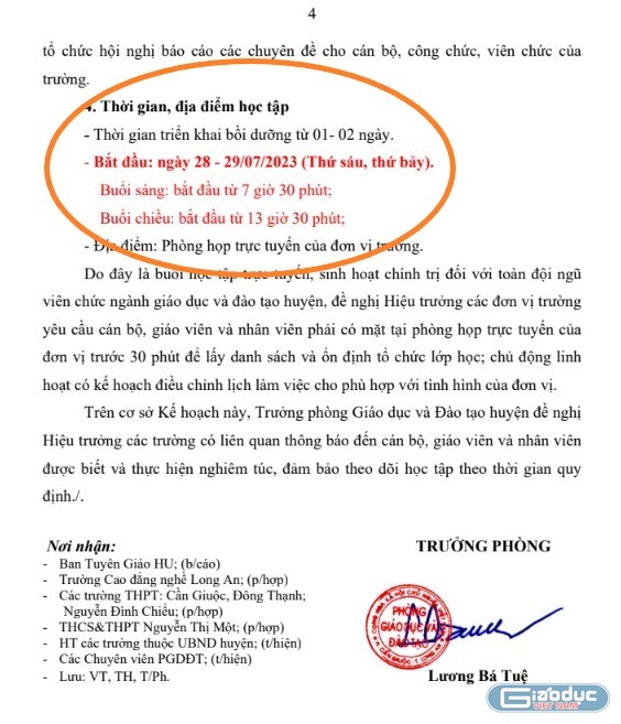 Thời gian trong Kế hoạch bồi dưỡng chính trị hè năm 2023 trước đó của Phòng Giáo dục và Đào tạo huyện Cần Giuộc vào cuối tháng 7. Tuy nhiên, theo ông Tuệ đợt bồi dưỡng này vẫn &quot;nợ&quot; chương trình nên đã lùi vào đợt đầu năm học mới. Ảnh: GVCC