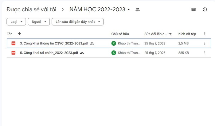 Năm học 2022-2023 chỉ có 2 đầu mục được đăng tải. Ảnh chụp màn hình