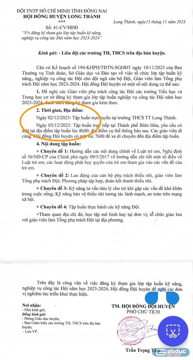 Thời gian tập huấn của Hội Đồng đội Long thành thông báo diễn ra vào ngày 2 và 3/12/2023 tương ứng với các ngày thứ Bảy và Chủ nhật khiến giáo viên băn khoăn. Ảnh: Giáo viên cung cấp